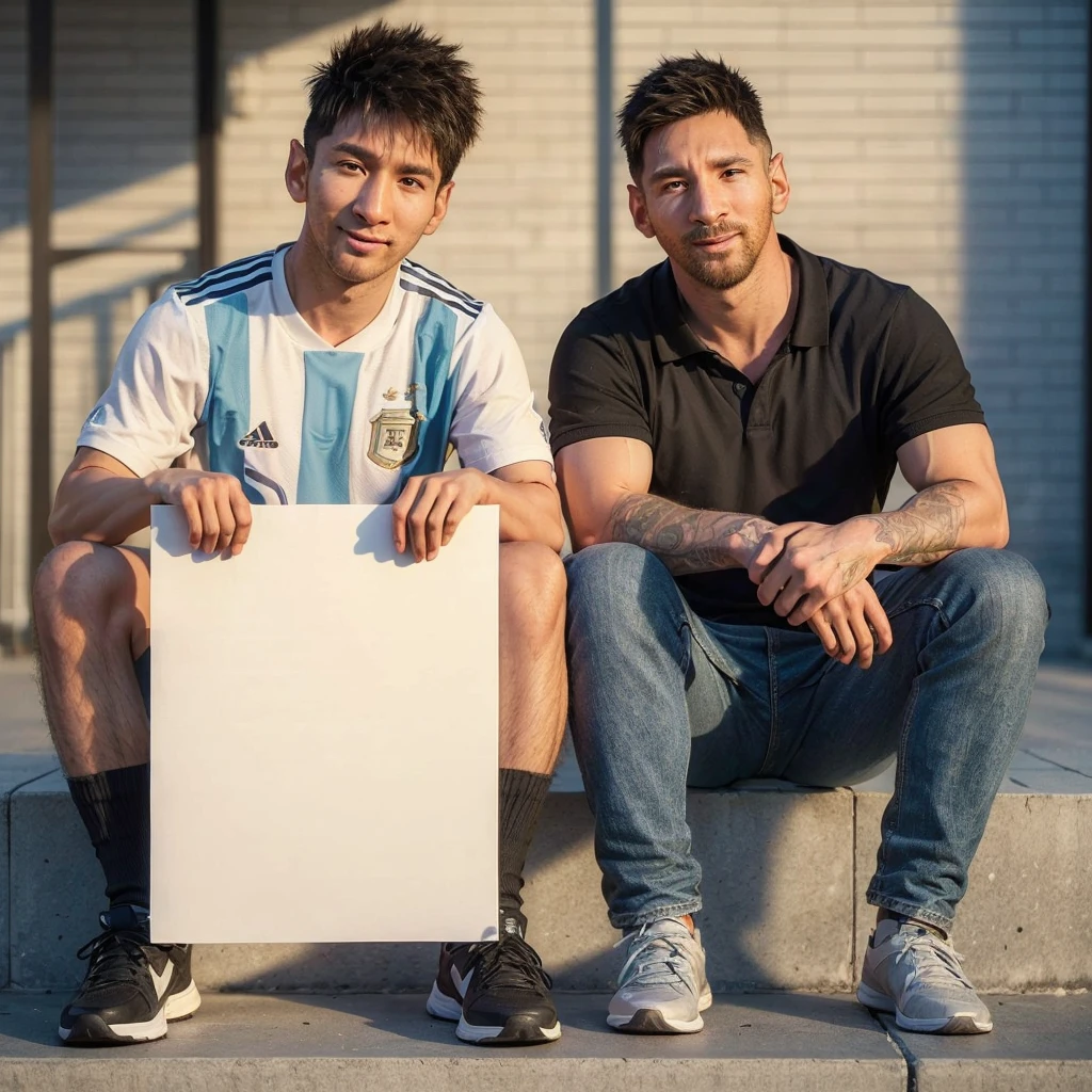 3d hyper realistic of an asian man ,25 years old, short and spiky hair, wearing an Argentina jersey ,short cargo pants and sports shoes holding plain white poster paper beside him there is a man whose face looks like Messi, 30 years old with short under cut hair. ,wearing a black polo shirt, blue jeans, smiling ,the two of them were sitting outside a stadium on a sunny and warm afternoon, Ultra realist, UHD, 4k, cinematic