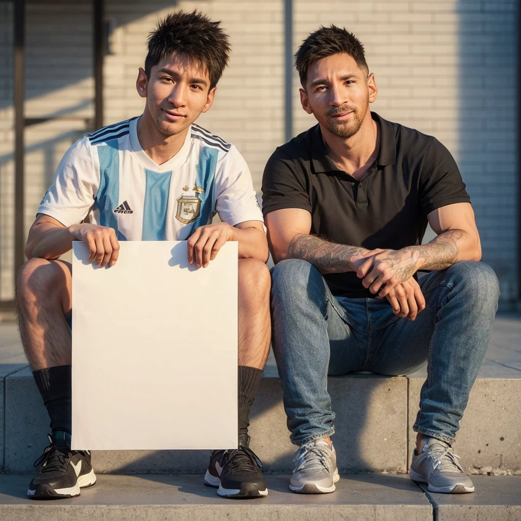 3d hyper realistic of an asian man ,25 years old, short and spiky hair, wearing an Argentina jersey ,short cargo pants and sports shoes holding plain white poster paper beside him there is a man whose face looks like Messi, 30 years old with short under cut hair. ,wearing a black polo shirt, blue jeans, smiling ,the two of them were sitting outside a stadium on a sunny and warm afternoon, Ultra realist, UHD, 4k, cinematic