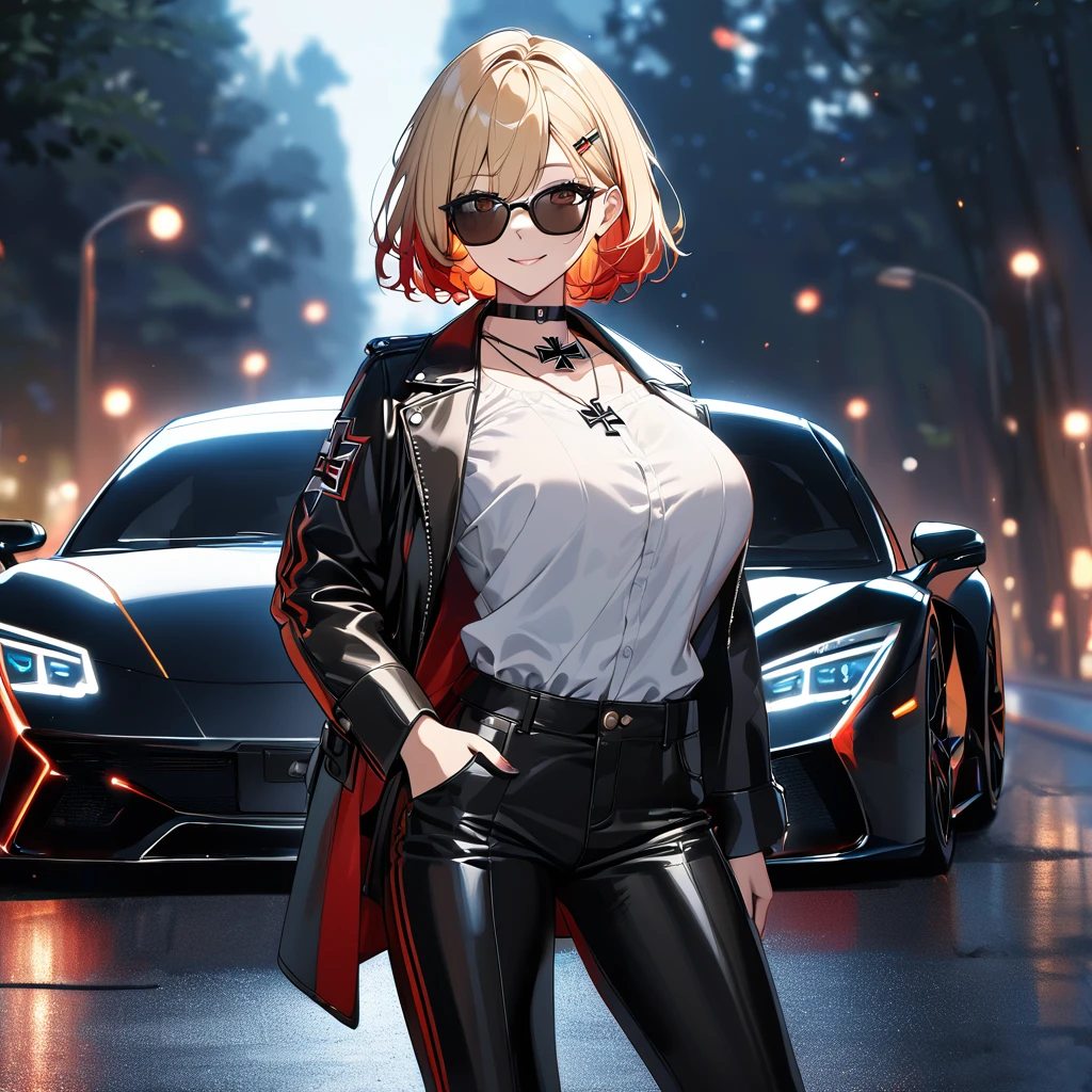 A woman wearing an open black leather jacket, white shirt with iron cross symbol, iron cross necklace on her neck, short hair, blonde hair, red bangs, multicolored hair, brown eyes, smiling, black clip in her hair, wearing sunglasses, big breasts, black pants, black leather boots, standing on a wide road next to a black luxury car, night location with lighting from some lamppost forest background, lighting with colors, orange, blue and red, blurred background ..UHD , prime work , accurate , anatomically correct , textured skin , super details , high quality , best quality, 8k, high resolution, bokeh effect. (woman solo)
