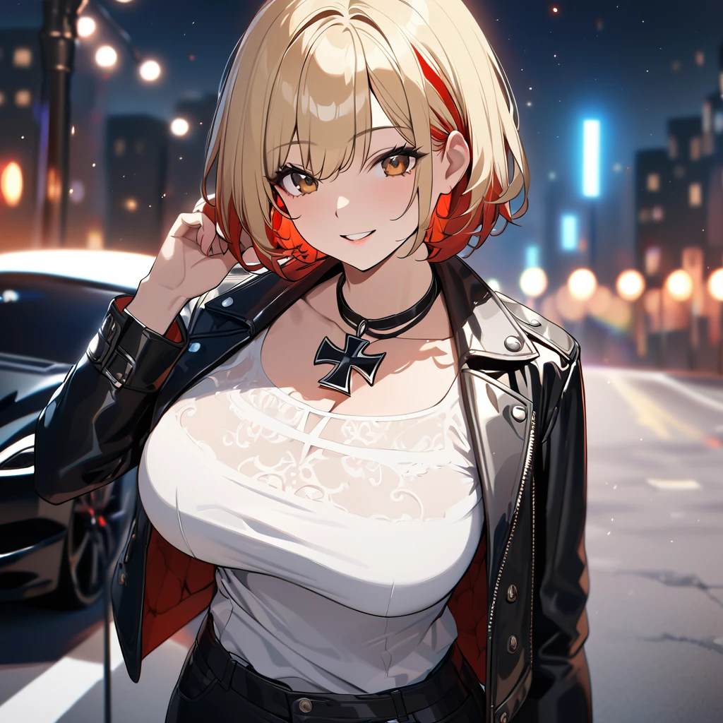 A woman wearing an open black leather jacket, white shirt with iron cross symbol, iron cross necklace on her neck, short hair, blonde hair, red bangs, multicolored hair, brown eyes, smiling, black clip in her hair, wearing sunglasses, big breasts, black pants, black leather boots, standing on a wide road next to a black luxury car, night location with lighting from some lamppost forest background, lighting with colors, orange, blue and red, blurred background ..UHD , prime work , accurate , anatomically correct , textured skin , super details , high quality , best quality, 8k, high resolution, bokeh effect. (woman solo)
