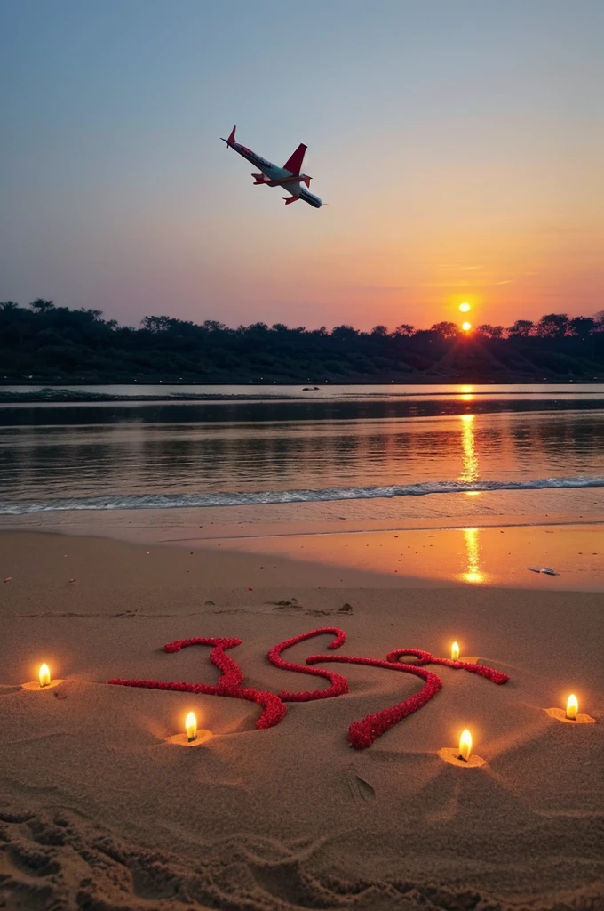 this is "S" Word made of red ghulab Rose, background River, this placed beach sand base, with beach candles, with nature sunset, with sky flying airplane, and flying pigeon bidrs,