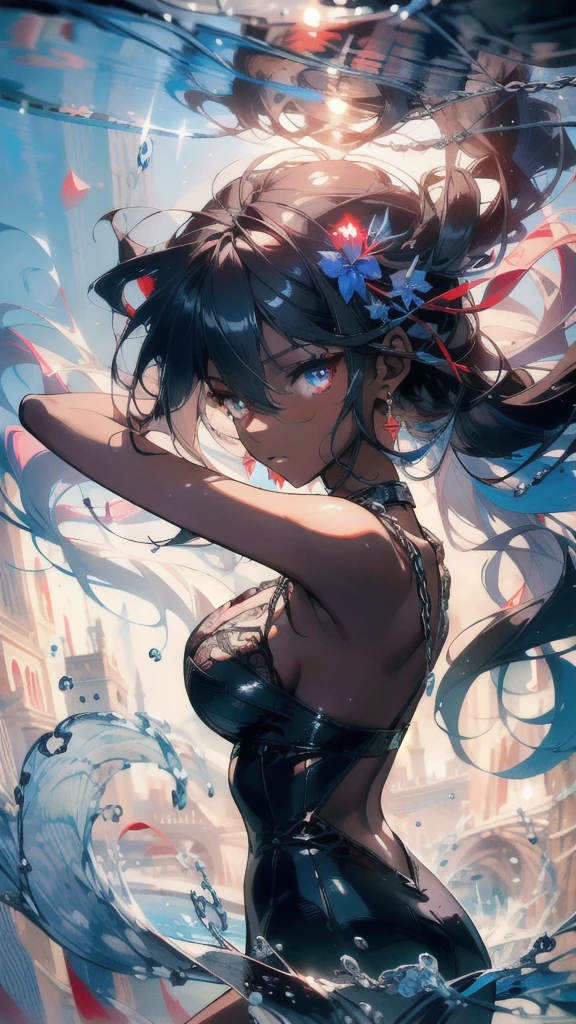 ((masterpiece, best quality)), Delicate face，goddess，Red and blue，dark skin，whole body，Long legs，Standing picture，Perfect body proportions，Long wavy hair，beautiful eyes，Fantasy style，Extremely beautiful，Pure white background，Water Ripples，transparent，Sexy Lingerie，chain