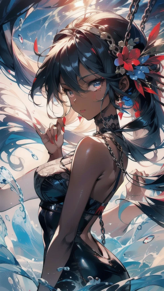 ((masterpiece, best quality)), Delicate face，goddess，Red and blue，dark skin，whole body，Long legs，Standing picture，Perfect body proportions，Long wavy hair，beautiful eyes，Fantasy style，Extremely beautiful，Pure white background，Water Ripples，transparent，Sexy Lingerie，chain