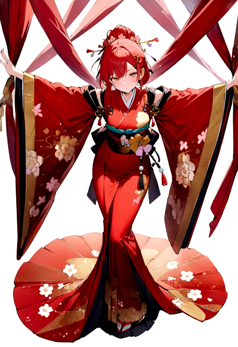(masterpiece, best quality:1.2), White background、Long red hair tied up、Japanese style、White background、Red kimono、With arms outstretched、whole body、Plum blossom accessories、Plum blossom hair clip、Golden Japanese pattern decoration、