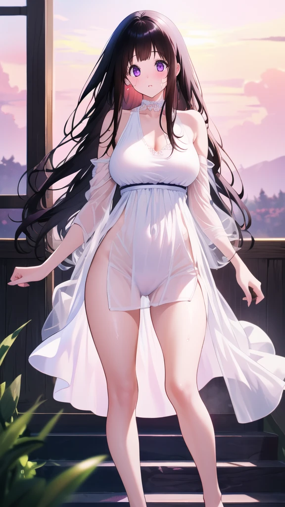 Beautiful Chitanda,只有一个beautiful girl,Purple Eyes, Black Hair, Natural straight hair, Straight bangs,Extremely refined,open your lips,Face is so red,Very white skin,Skin as delicate as porcelain,Glowing skin,big eyes,Flowing long hair,beautiful girl, Like a dream,Slim,Slim waist,Soft, (Sensual), (Kawaii), Dream quality,White Dress,High slit,Sweaty and sweaty,Wet skin,Side breasts,Underwear Rain,Standing on the steps in the air,(Completely naked),Gluteal groove,Completely naked的背部,nacked hip,very close,Deep V neckline,Loose neckline,Beautiful big breasts,No pants,Bare shoulders,Exposed collarbone,Delicate clavicle,Delicate hands and feet,Bare neck,There are no clothes around the neck,Bare thighs,Exposing the groin,Camel toe,extremely shy,Ultra-high resolution, (masterpiece:1.2, best quality), (Delicate and beautiful eyes: 1.2), (Beautiful and delicate face)