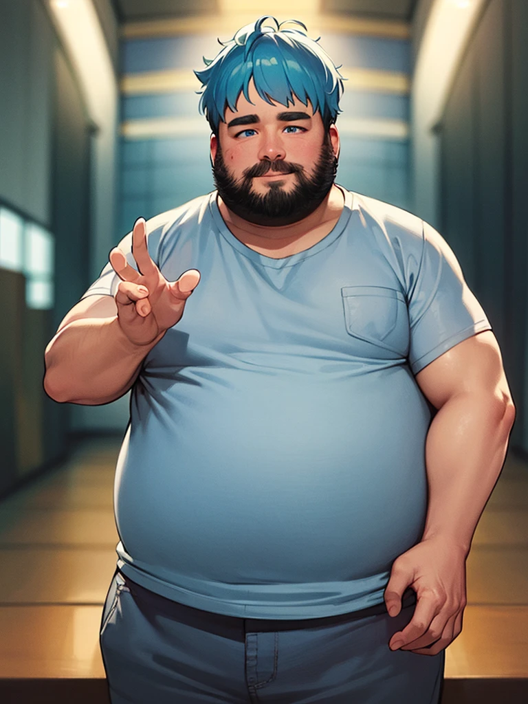A fat adult man with light blue hair and light blue eyes