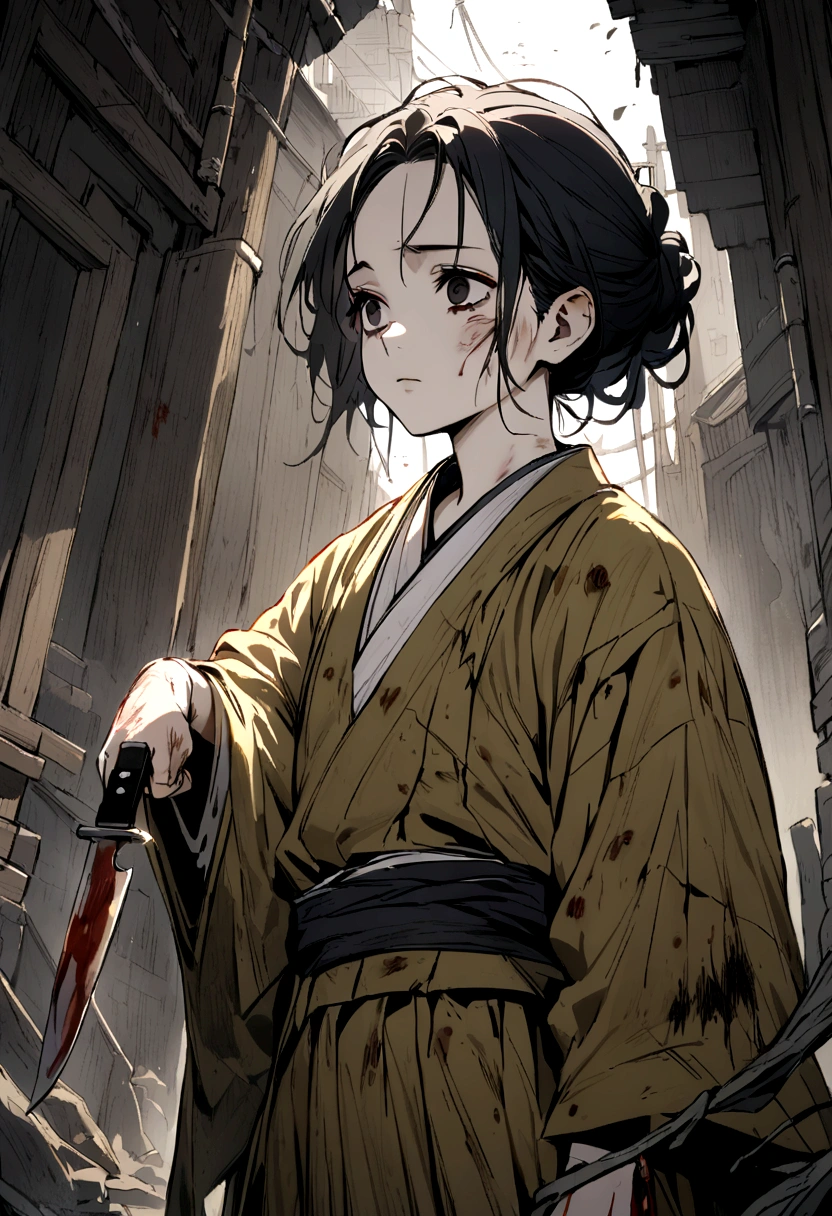 adolescent, black hair one black eye and the other yellow, kimono all torn and very faint purple in color, scratches on the body and bleeding, and holding a knife