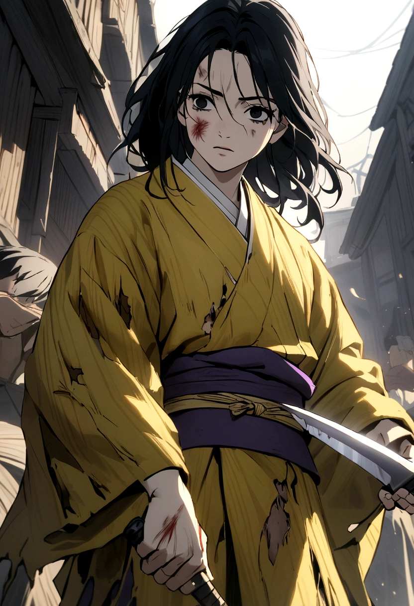 adolescent, black hair one black eye and the other yellow, kimono all torn and very faint purple in color, scratches on the body and bleeding, and holding a knife