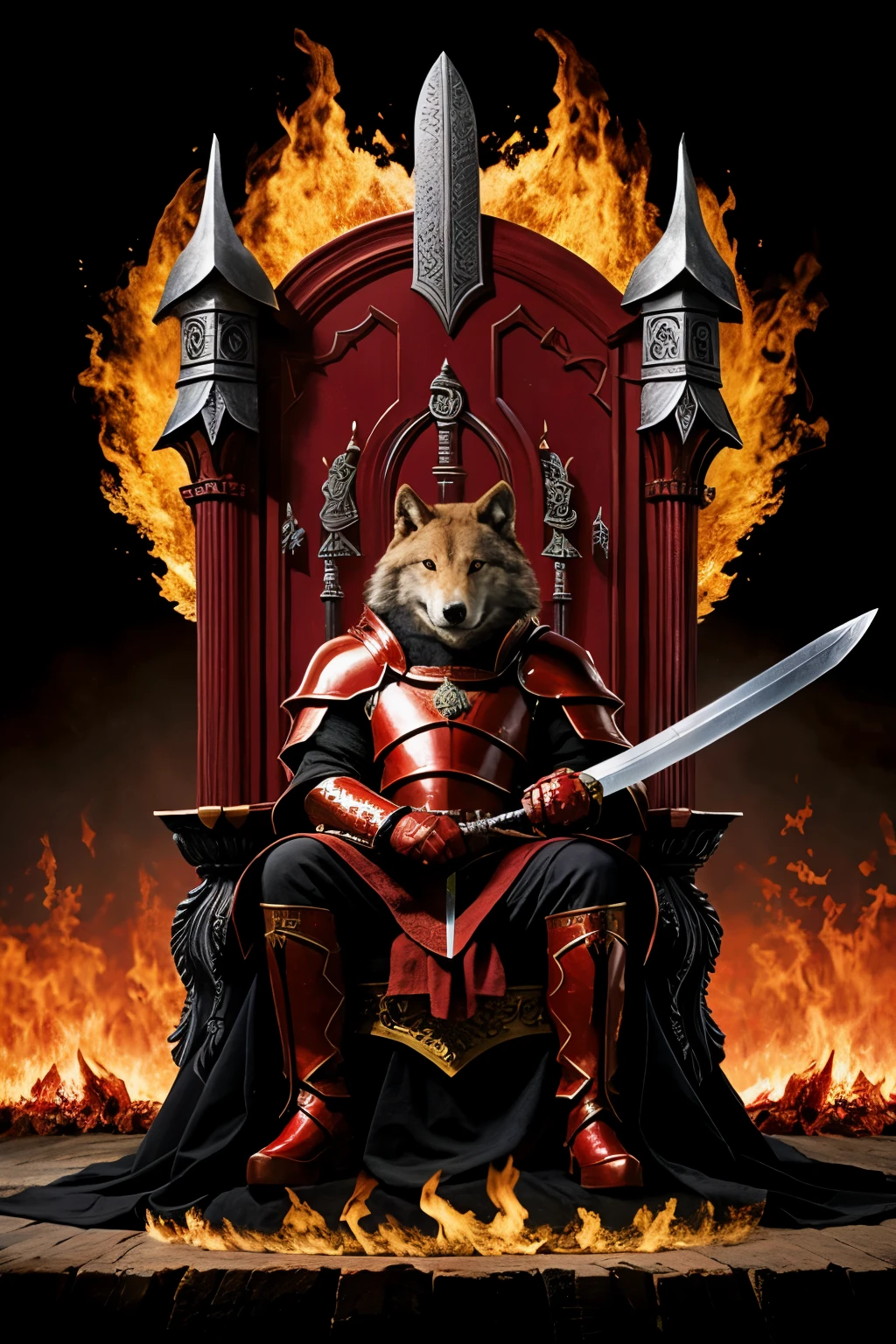 A crimson knight with a wolf's head, wielding a massive sword, sits upon a throne of flames.