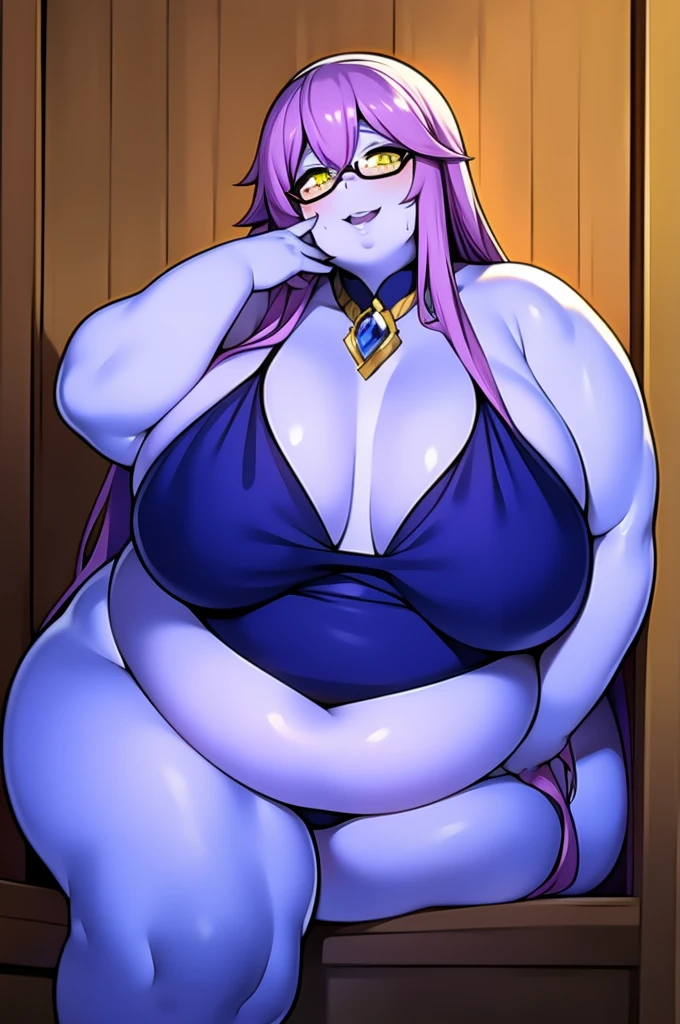 Anime Women, Lady、Forehead、Long Hair、Braid、Purple Hair、Glasses、Sharp eyes、Yellow Eyes、Purple lips、Cobalt blue body、Cobalt blue skin、Are fat、Chubby、Sensual、obesity、Double chin、Thick neck、Big Breasts、Saggy breasts、Thick upper arms、Thick arms、thick fingers、Fat belly、Flabby belly、Thick legs、Leopard print sexy lingerie、Sweat、Gloss、whole body