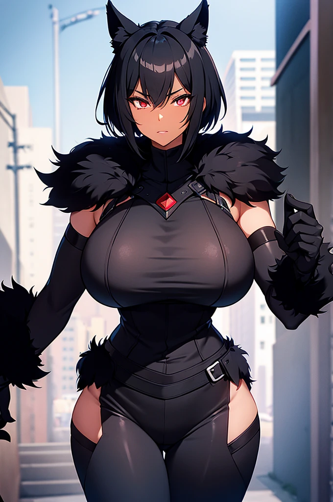 girl, with giant breasts, black fur, short hair, crimson eyes, black spy suit, black ebony skin.