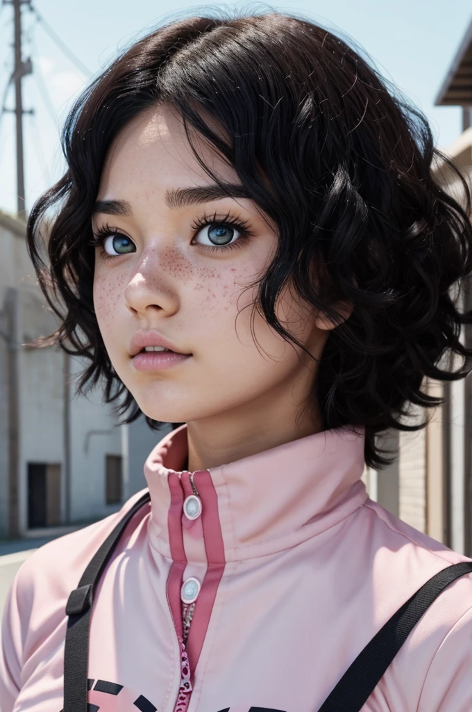 Boku no hero academia screenshot of a girl with curly black hair that reaches her shoulders, pink eyes and freckles all over her cheeks, moles under your eyes