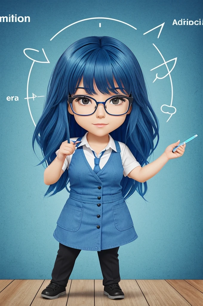 Female character medium hair blue color, with glasses, explaining a chibi-style full-body academic topic that conveys the following context "When a task seems important and relevant, our motivation increases. Have you ever wondered why you need to learn algebra? Discovering its usefulness can be a great motivator.""