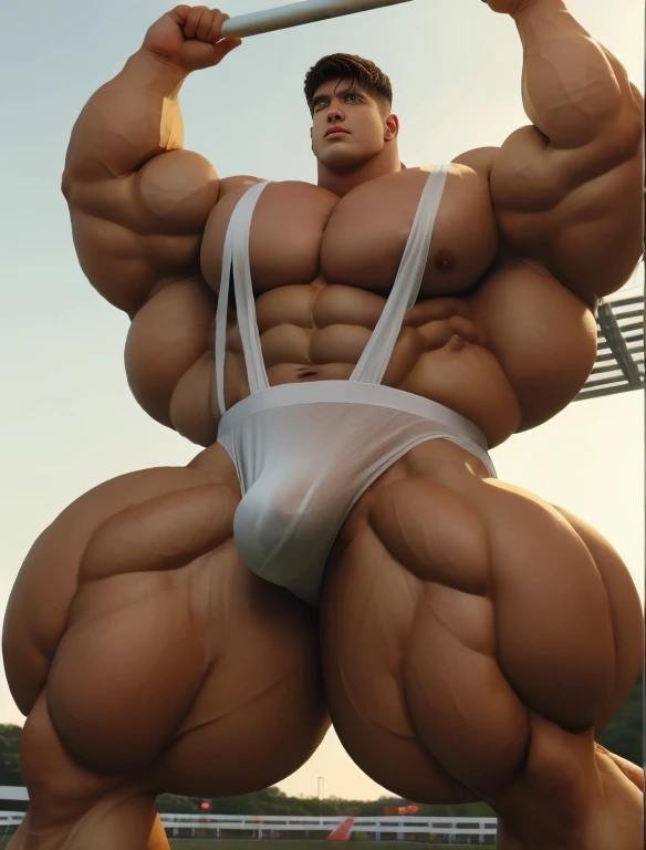 1boy, giant, alone, giant bodybuilder, golden hour, strong body, bulk, large size, hanging on football goals net at the field, outdoor, armpit, nude, white triangular underwear, thick bulge, extraordinary big, brutalmass, giant muscular body, bulk, buff, massive body, large meaty body size, extremely wide body