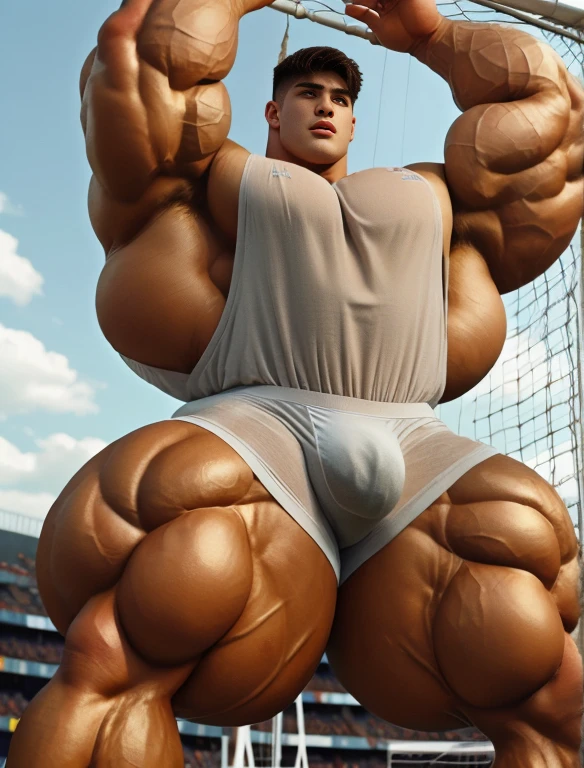 1boy, giant, alone, giant bodybuilder, golden hour, strong body, bulk, large size, hanging on football goals net at the field, outdoor, armpit, nude, white triangular underwear, thick bulge, extraordinary big, brutalmass, giant muscular body, bulk, buff, massive body, large meaty body size, extremely wide body