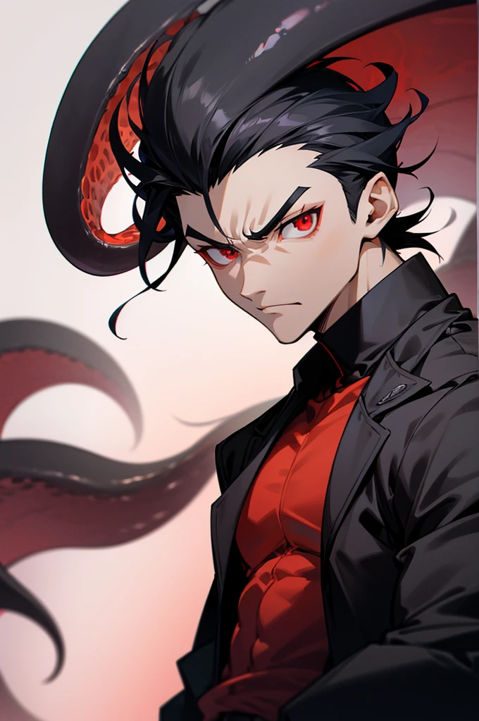 black hair, red eyes, angry , sticking out middle finger, black jacket, mature male, arms in pockets, mencaing aura, lean, muscular, upper body, black gloves, light skin skin tone, black tentacles behind person