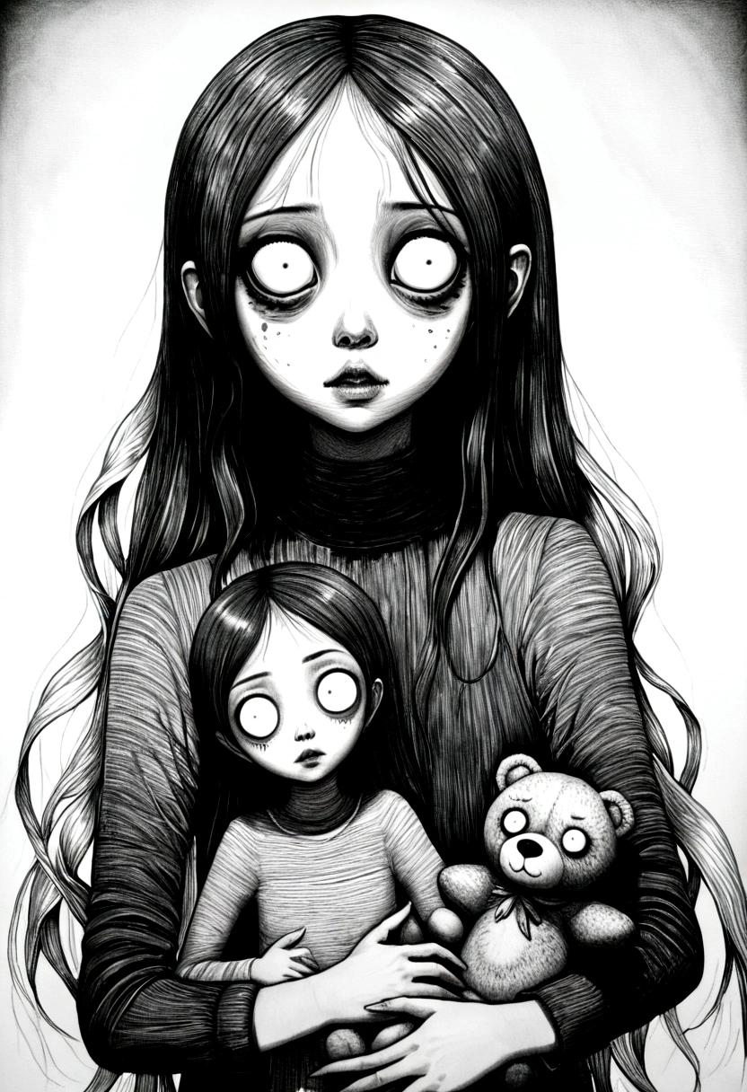 [(This is Junji:1.5), creepy, Dark, in black and white, Detailed line art from the manga, scared, psychological horror, Grotesque, morbid, Surreal], a girl holding a teddy bear, Annie, League of Legends character