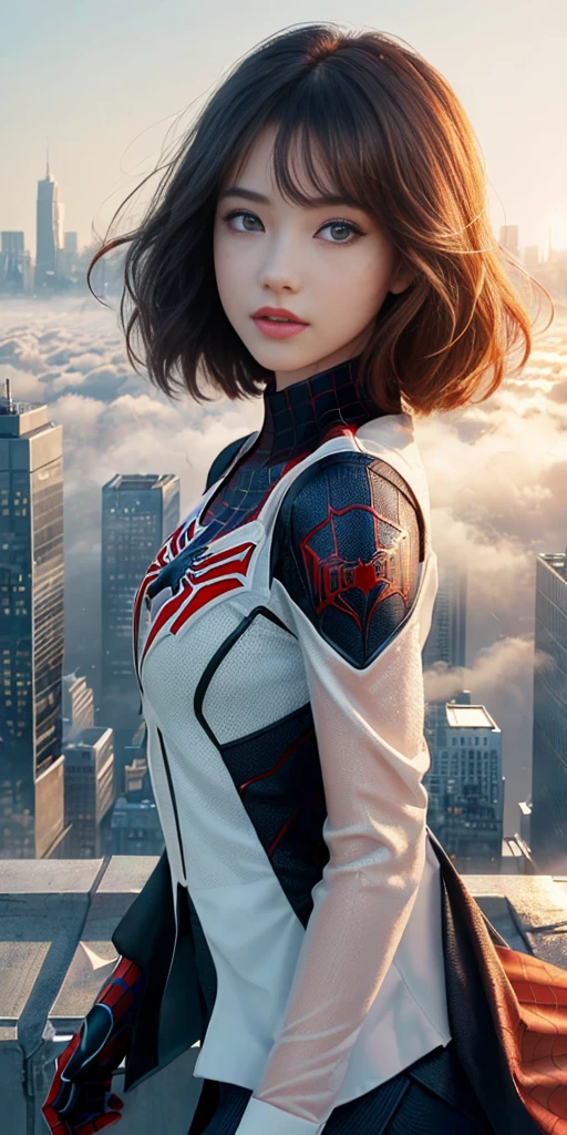 (1girl:1.3), Solo, (((Very detailed face)))), ((Very detailed eyes and face)))), Beautiful detail eyes, Body parts__, Official art, Unified 8k wallpaper, Super detailed, beautiful and beautiful, beautiful, masterpiece, best quality, original, masterpiece, super fine photo, best quality, super high resolution, realistic realism, sunlight, full body portrait, amazing beauty, dynamic pose, delicate face, vibrant eyes, (from the front), She wears Spider-Man suit, red and black color scheme, spider, very detailed city roof background, rooftop, overlooking the city, detailed face, detailed complex busy background, messy, gorgeous, milky white, highly detailed skin, realistic skin details, visible pores, clear focus, volumetric fog, 8k uhd, DSLR, high quality, film grain, fair skin, photo realism, lomography, futuristic dystopian megalopolis, translucent
