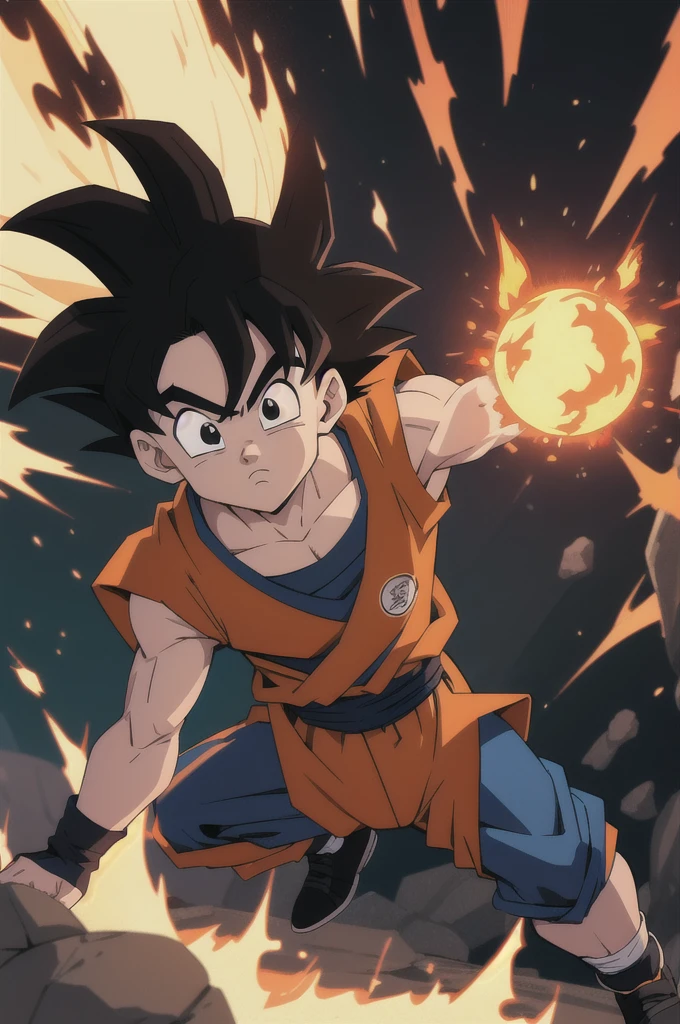 Manga style, illustration, line art style, high quality, manga masterpiece, highres, very detailed, digital illustration, small ??? Goku, Dragonball, black hair, spiked hair, real goku clothes orange color, black belt and black shoes, fire ball, dougi, solo male , outdoors,fighting,