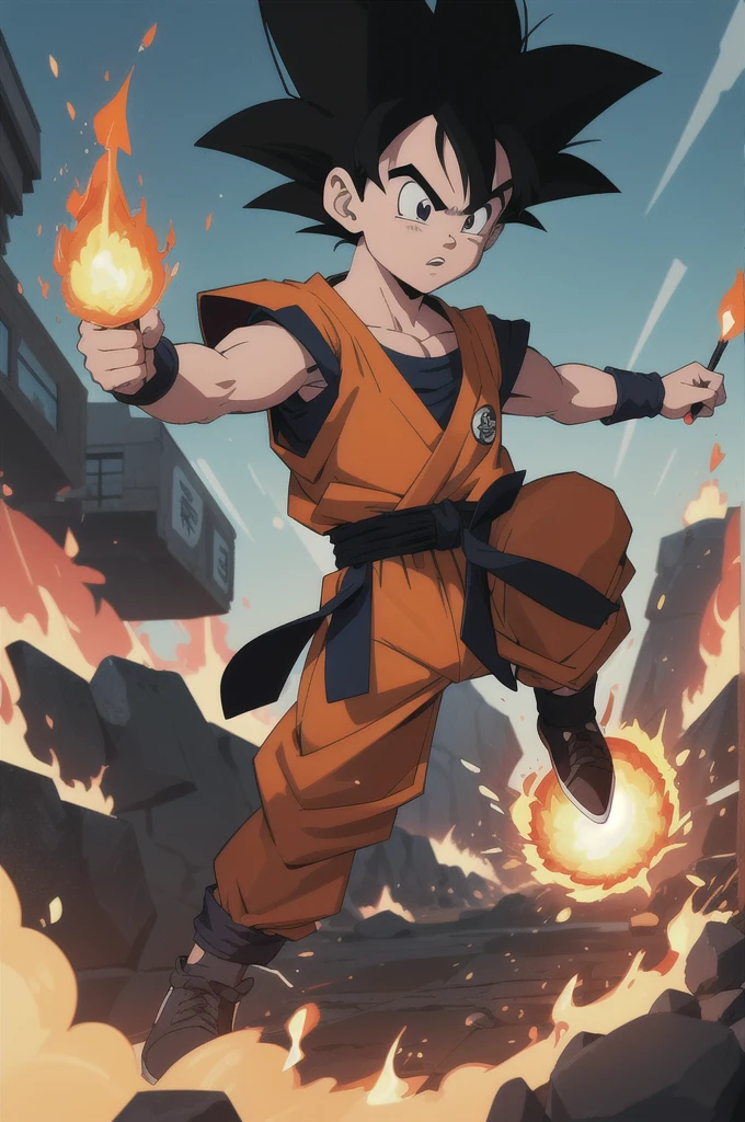 Manga style, illustration, line art style, high quality, manga masterpiece, highres, very detailed, digital illustration, small Kid Goku, Dragonball, black hair, spiked hair, real goku clothes orange color, black belt and black shoes, fire ball, dougi, solo male , outdoors,fighting,