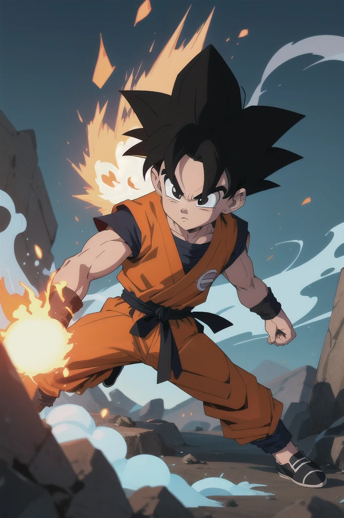 Manga style, illustration, line art style, high quality, manga masterpiece, highres, very detailed, digital illustration, small ??? Goku, Dragonball, black hair, spiked hair, real goku clothes orange color, black belt and black shoes, fire ball, dougi, solo male , outdoors,fighting,