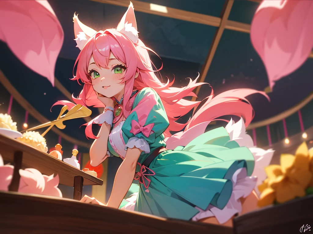 kitsune idol in a tavern, foxgirl, pink fox ears, pink fox tails, pink hair, green eyes, light blue idol dress, tavern background, high quality, masterpiece, signing an autograph