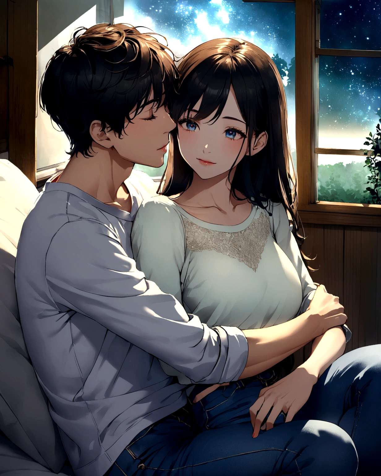 night、Starry Sky、woman'The color of the clothes is light blue、semi-long