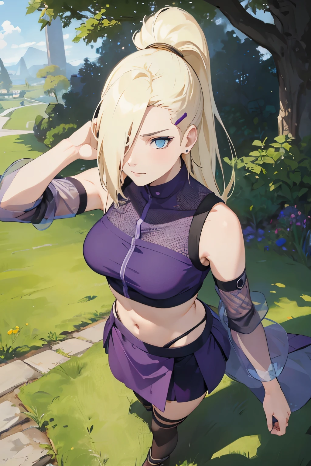 (masterpiece), best quality, expressive eyes, perfect face, 1 girl, solo, yamanaka ino, blonde hair, blue eyes, purple crop top, separate sleeves, purple skirt, mesh sleeves, meshes, outdoors, natural lighting, full body, portrait, looking at viewer, from above