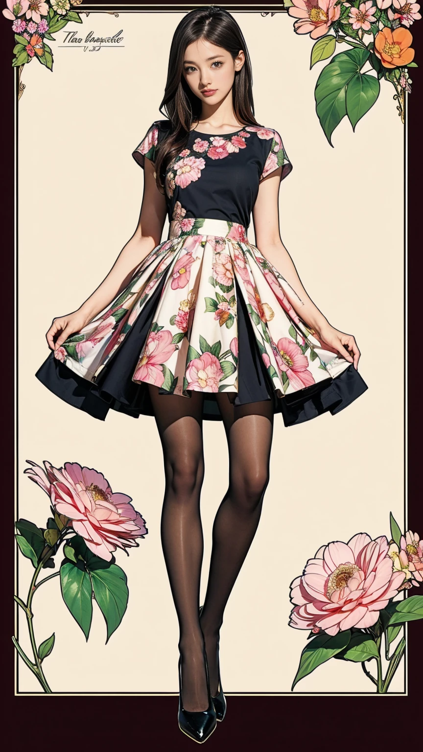 ((masterpiece)),(((Highest quality))),((Character design sheet)),Thin thighs,Long legs,whole body:1.5,(One Girl:1.3),(Black pantyhose and thick pointy heels:1.3),(Wearing a floral and plant patterned mini skirt dress:1.2),Short blonde:1.2、Model pose,Floral and botanical background:1.5,