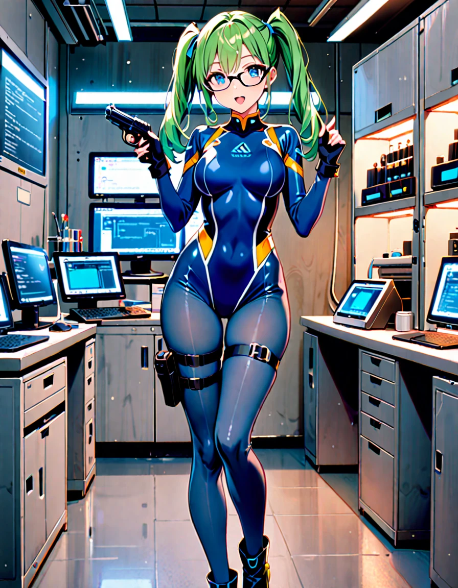 masterpiece, highly detailed, best quality, high quality, 1girl, (solo, solo focus), blue eyes, (cute eyes), beautiful detailed eyes, beautiful detailed face, perfect hands, complete fingers, perfect ???????, perfect proportions, full body, gloves, green hair, pigtails, (blue skintight bodysuit, (blue leotard)), kochiy sanae, open mouth, (pistol holster, thigh holster, thigh strap), (full blue pantyhose, skintight blue leggings, perfect fit), ((glasses)), black boots, matching boots, fingerless gloves. laboratory, computers, holding tablet, curious look, standing. full body costume design