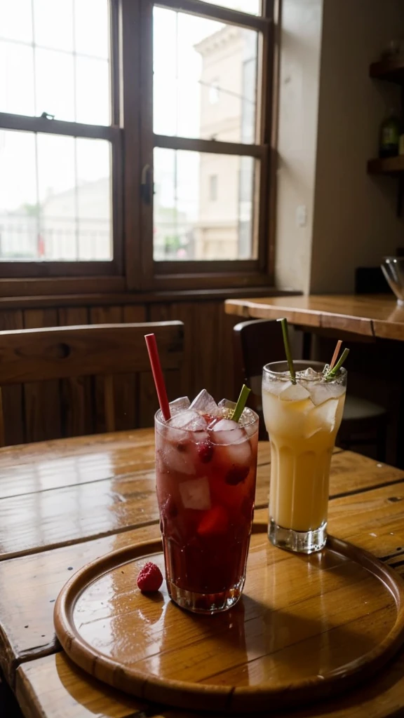 Scene of various fruits, delicious drink, and a table full of food