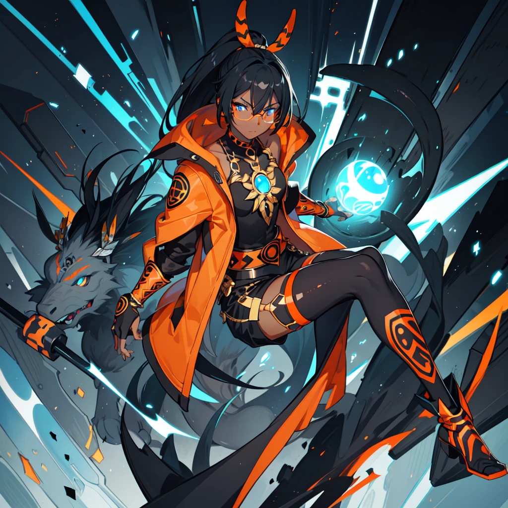 (((one caracter))), female, (((darkskin)))), Black hair with ponytail, clear blue eyes, Round glasses with a small dark lens, this lens being orange, and the Light Blue frame, (((Black metallic gauntlets and greaves with orange and silver highlights)), (((The clothes have a mix of modern and tribal)))), Having mainly black color,  but having orange pieces, Shoulders on display, On the Hip one Shorts extending to Half Thigh in black.