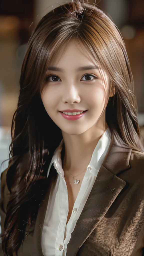 Tabletop, Highest quality, Realistic, Super detailed, In detail, High resolution, 8k wallpaper, One beautiful woman,, Light brown messy hair, Wearing a business suit, Sharp focus, Perfect dynamic composition, Beautiful attention to detail, Fine hair, Detailed and realistic skin texture, smile, Close-up portrait, Model Body Type