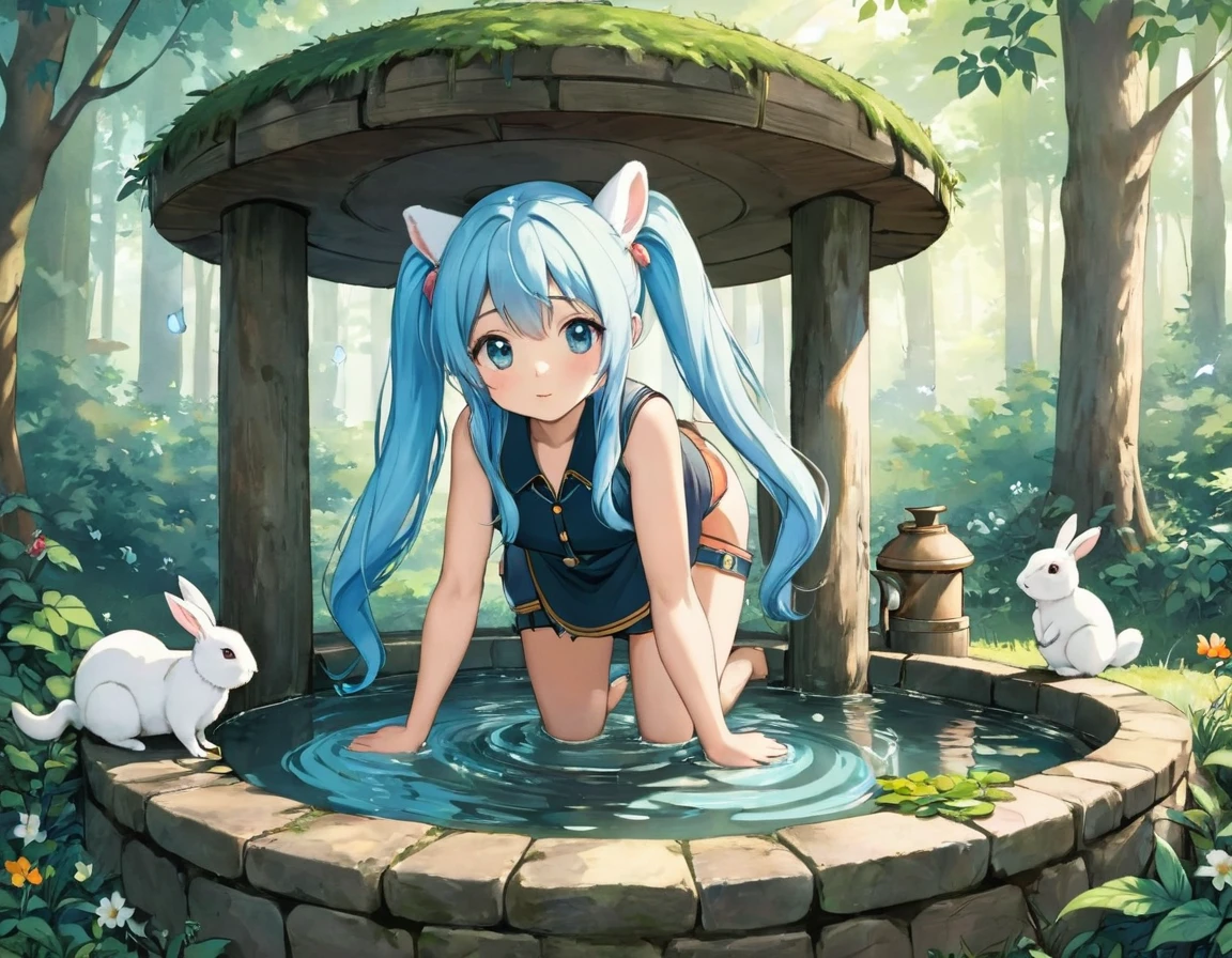 An old well in the forest, a beautiful girl with long light blue hair and twin tails, and rabbits and squirrels around the well.