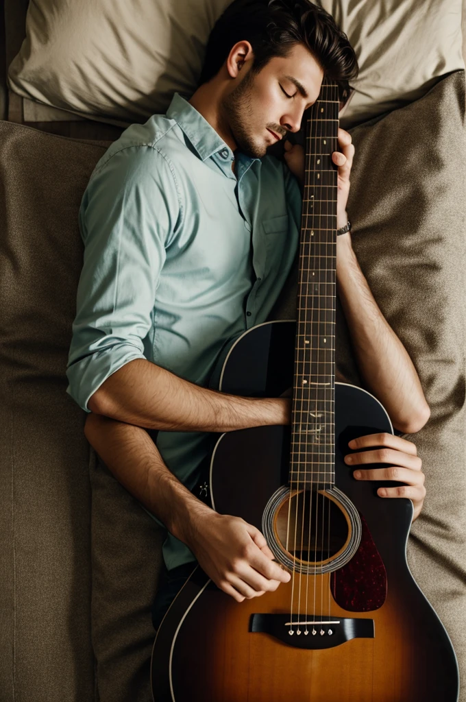 Single man sleeping with acoustic guitar,,covered with a cover