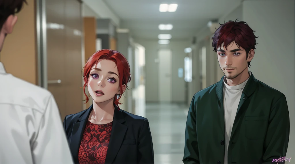 There is a woman and a 34-year-old man with red hair and purple eyes speaking evilly.