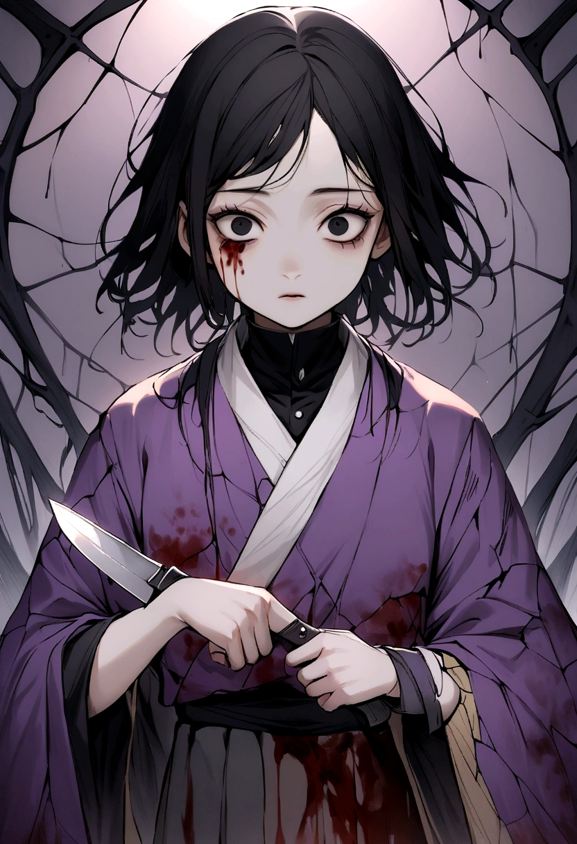 adolescent, black hair one black eye and the other yellow, kimono all torn with a very faint purple color, spiders with blood on their bodies holding a knife with blood