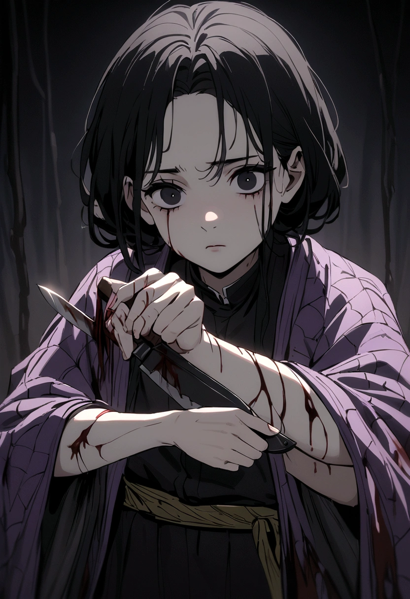 adolescent, black hair one black eye and the other yellow, kimono all torn with a very faint purple color, spiders with blood on their bodies holding a knife with blood