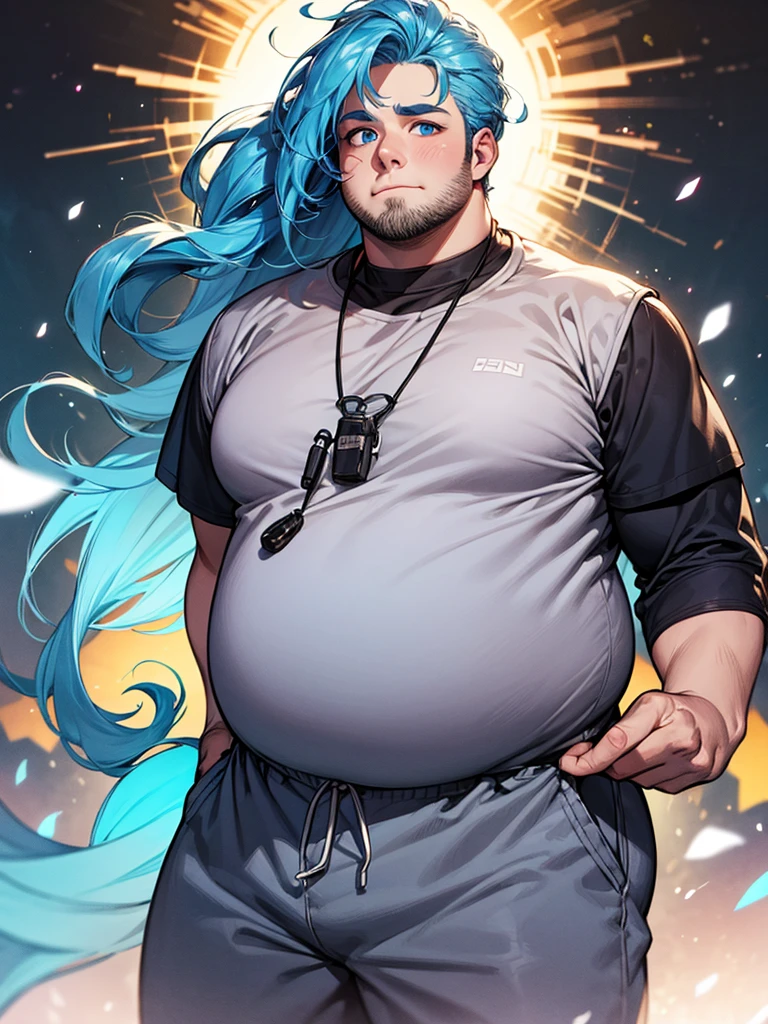 A fat adult man with light blue hair and light blue eyes