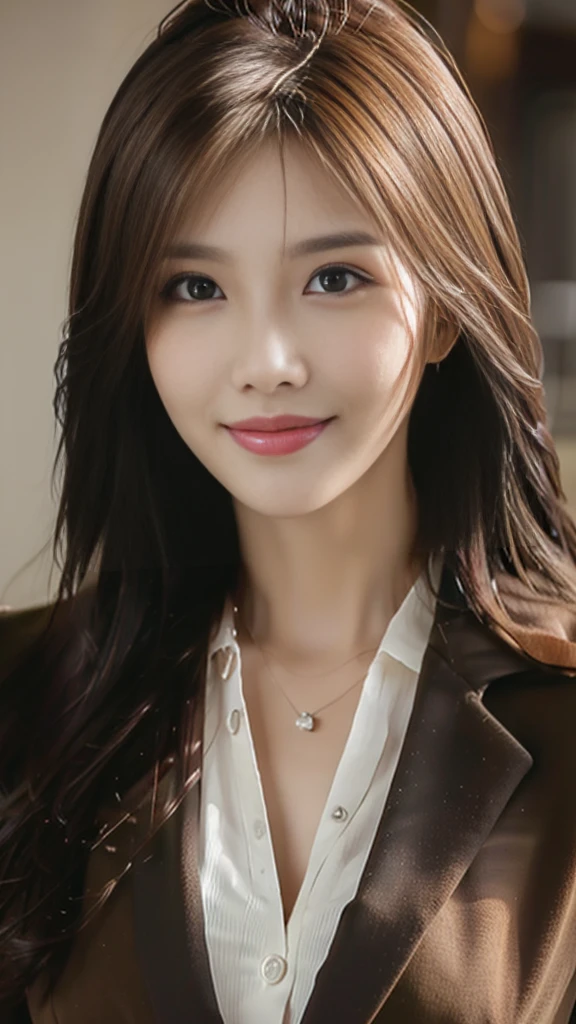 Tabletop, Highest quality, Realistic, Super detailed, In detail, High resolution, 8k wallpaper, One beautiful woman,, Light brown messy hair, Wearing a business suit, Sharp focus, Perfect dynamic composition, Beautiful attention to detail, Fine hair, Detailed and realistic skin texture, smile, Close-up portrait, Model Body Type