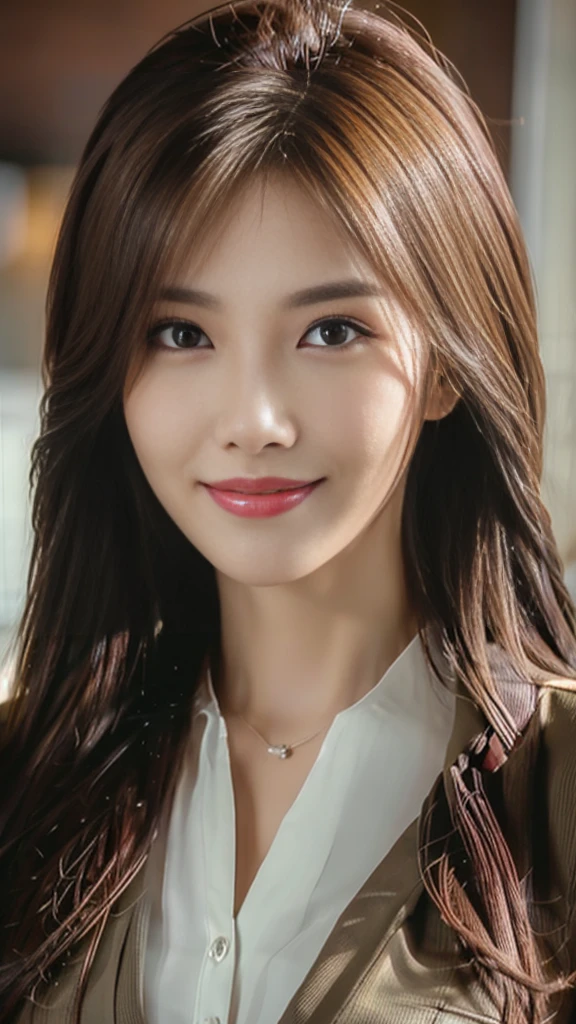 Tabletop, Highest quality, Realistic, Super detailed, In detail, High resolution, 8k wallpaper, One beautiful woman,, Light brown messy hair, Wearing a business suit, Sharp focus, Perfect dynamic composition, Beautiful attention to detail, Fine hair, Detailed and realistic skin texture, smile, Close-up portrait, Model Body Type