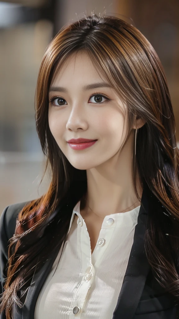 Tabletop, Highest quality, Realistic, Super detailed, In detail, High resolution, 8k wallpaper, One beautiful woman,, Light brown messy hair, Wearing a business suit, Sharp focus, Perfect dynamic composition, Beautiful attention to detail, Fine hair, Detailed and realistic skin texture, smile, Close-up portrait, Model Body Type