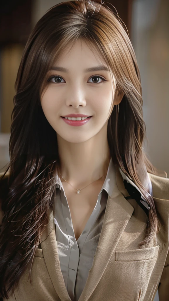 Tabletop, Highest quality, Realistic, Super detailed, In detail, High resolution, 8k wallpaper, One beautiful woman,, Light brown messy hair, Wearing a business suit, Sharp focus, Perfect dynamic composition, Beautiful attention to detail, Fine hair, Detailed and realistic skin texture, smile, Close-up portrait, Model Body Type