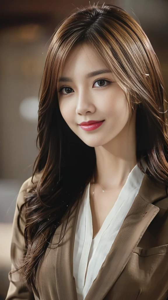 Tabletop, Highest quality, Realistic, Super detailed, In detail, High resolution, 8k wallpaper, One beautiful woman,, Light brown messy hair, Wearing a business suit, Sharp focus, Perfect dynamic composition, Beautiful attention to detail, Fine hair, Detailed and realistic skin texture, smile, Close-up portrait, Model Body Type