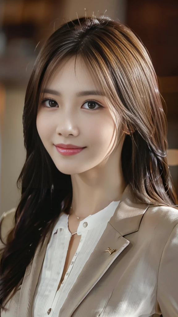 Tabletop, Highest quality, Realistic, Super detailed, In detail, High resolution, 8k wallpaper, One beautiful woman,, Light brown messy hair, Wearing a business suit, Sharp focus, Perfect dynamic composition, Beautiful attention to detail, Fine hair, Detailed and realistic skin texture, smile, Close-up portrait, Model Body Type