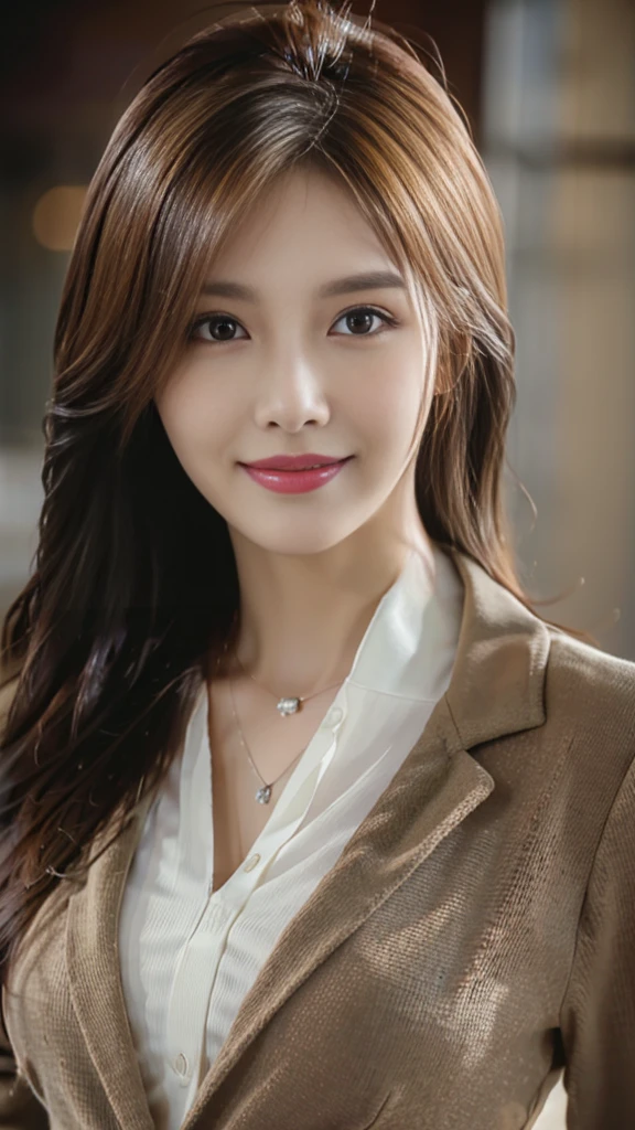 Tabletop, Highest quality, Realistic, Super detailed, In detail, High resolution, 8k wallpaper, One beautiful woman,, Light brown messy hair, Wearing a business suit, Sharp focus, Perfect dynamic composition, Beautiful attention to detail, Fine hair, Detailed and realistic skin texture, smile, Close-up portrait, Model Body Type