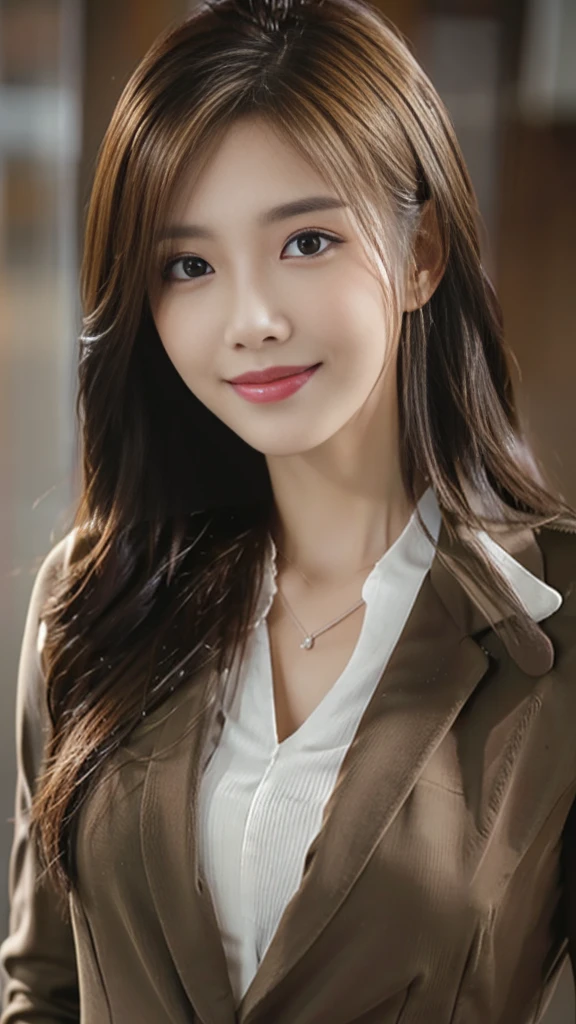 Tabletop, Highest quality, Realistic, Super detailed, In detail, High resolution, 8k wallpaper, One beautiful woman,, Light brown messy hair, Wearing a business suit, Sharp focus, Perfect dynamic composition, Beautiful attention to detail, Fine hair, Detailed and realistic skin texture, smile, Close-up portrait, Model Body Type