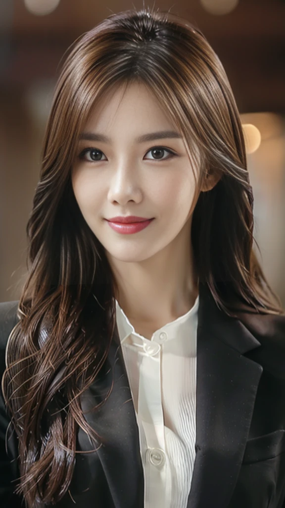 Tabletop, Highest quality, Realistic, Super detailed, In detail, High resolution, 8k wallpaper, One beautiful woman,, Light brown messy hair, Wearing a business suit, Sharp focus, Perfect dynamic composition, Beautiful attention to detail, Fine hair, Detailed and realistic skin texture, smile, Close-up portrait, Model Body Type