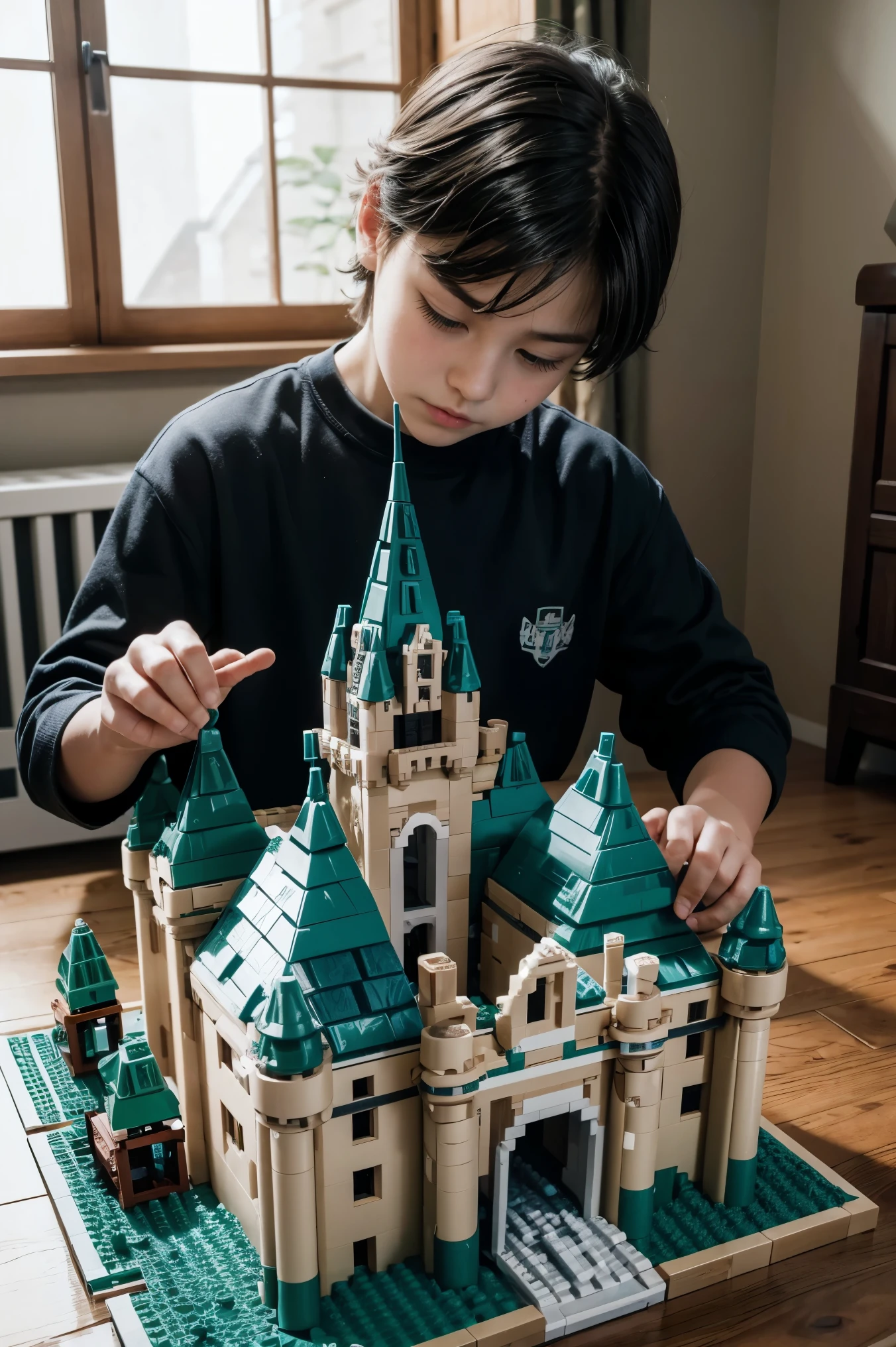 boy building a castle made of legos