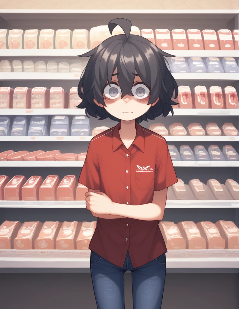 1 girl, alone, ppka, black fur, short hair, messy fur, Ahoge, parts, parts all over the body, grey eyes, blind eyes, kind eyes, very nervous, looking at the viewer,
store, oxxo, (oxxo) counter behind the counter,
blue jeans, black pantaloon, red polo blouse, (oxxo) (oxxo uniform) 
Serving the viewer 